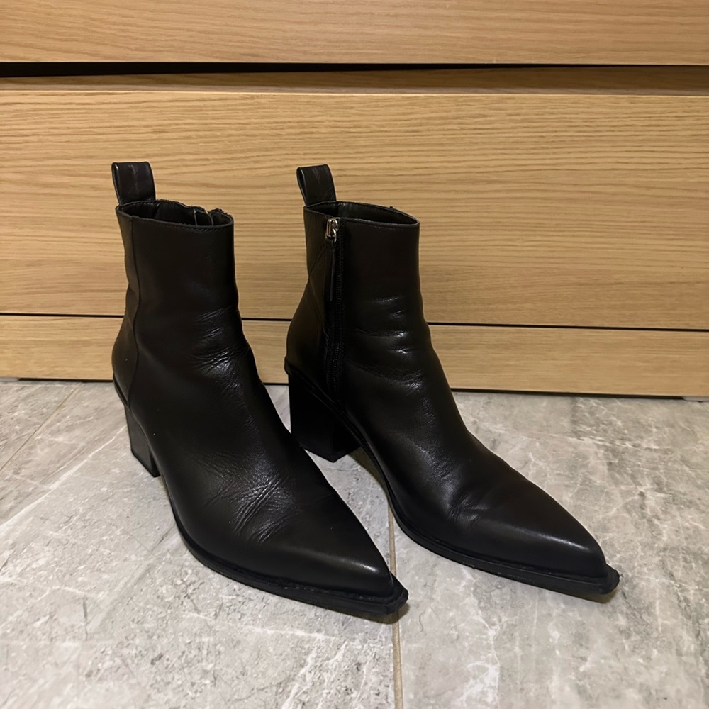 [ZARA] Black Genuine Leather Ankle Boots Pointed Toe